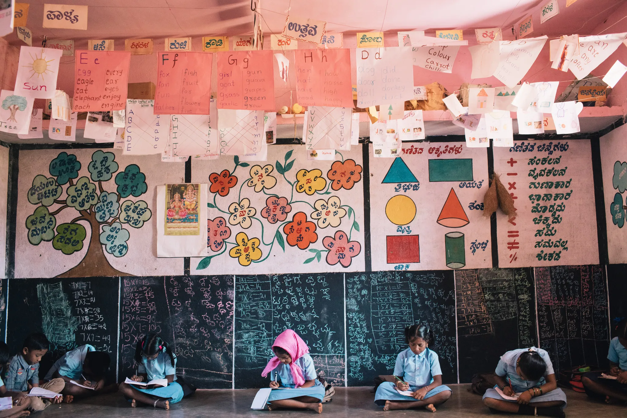 Children doing schoolwork at their school in India.