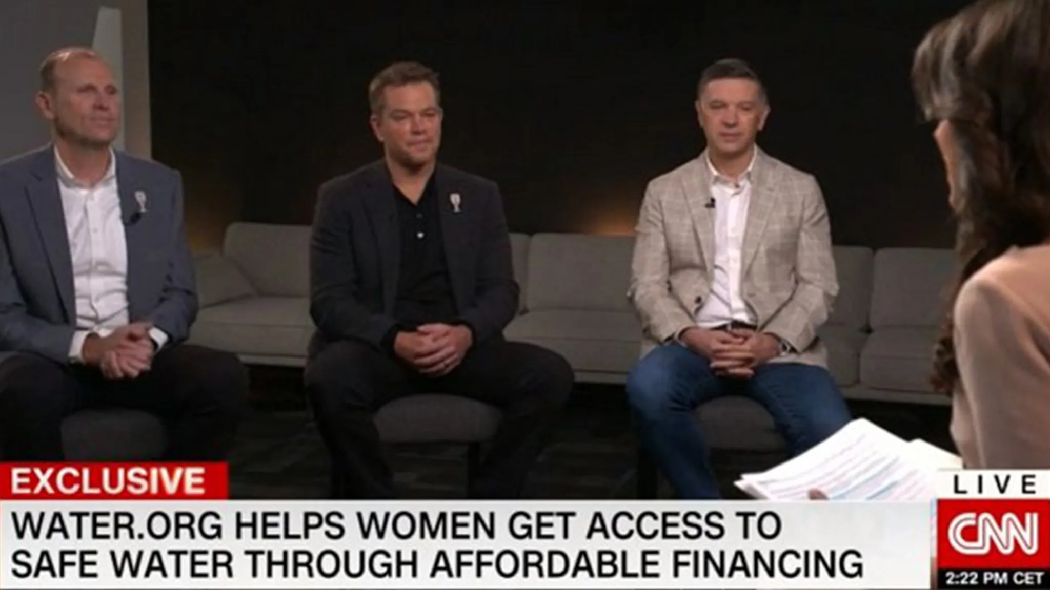 CNN interview of Gary White and Matt Damon with caption stating "Water.org helps women get access to safe water through affordable financing."